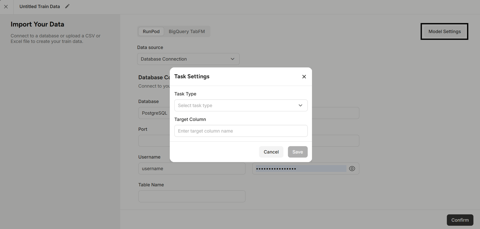 Figure: Task Settings modal pop-up on top of the RunPod configuration screen highlighting Task Type and Target Column fields.