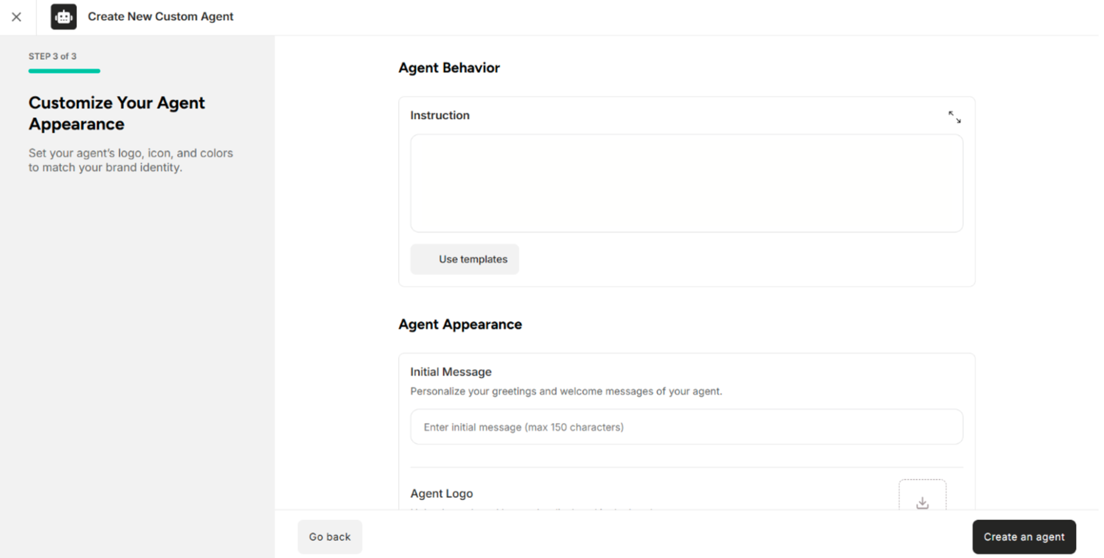 The Screen after clicking Next: Customize Agent