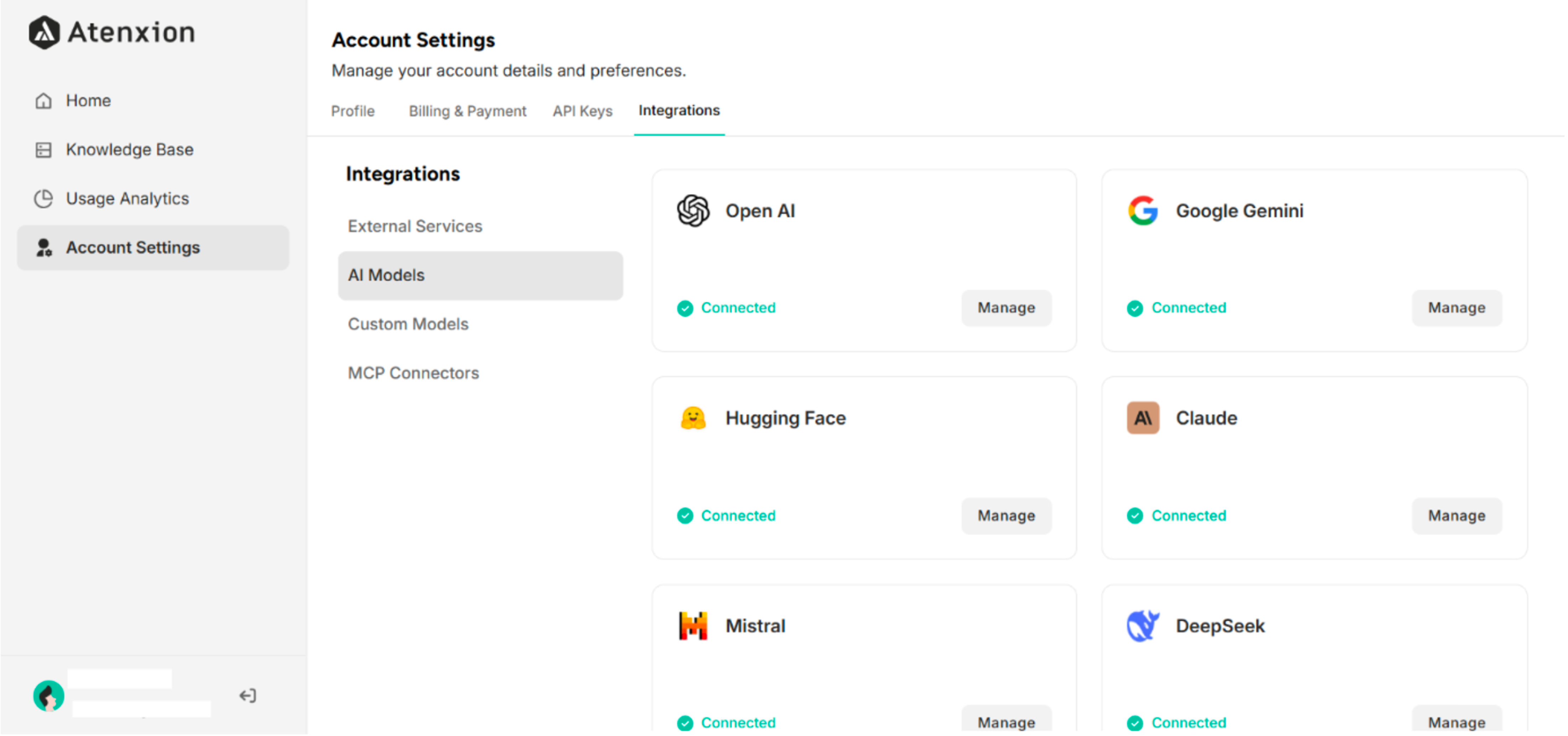 AI Models Interface under Integrations Setting