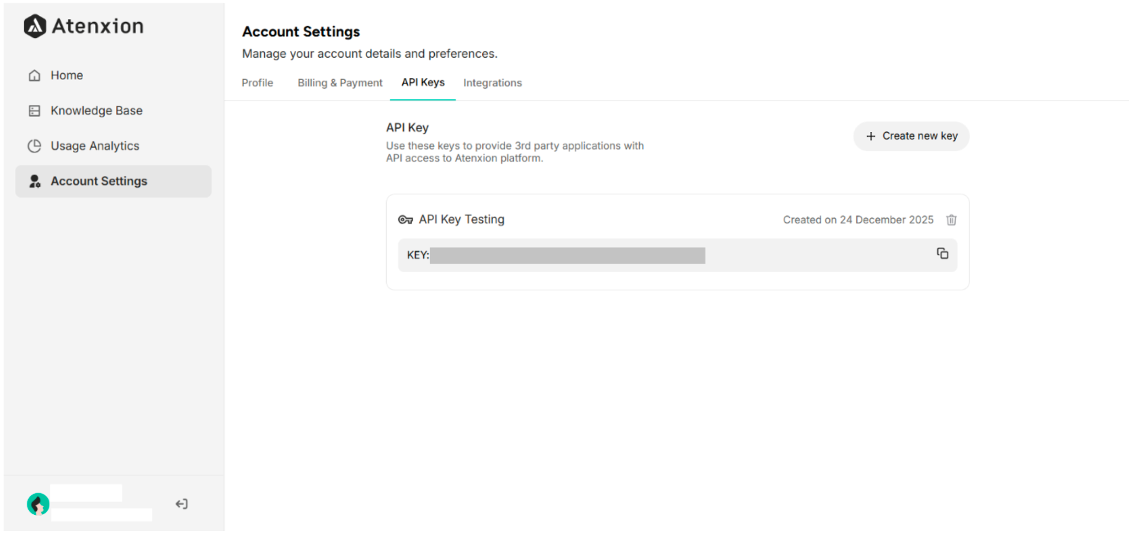 API Keys Interface of Account Settings