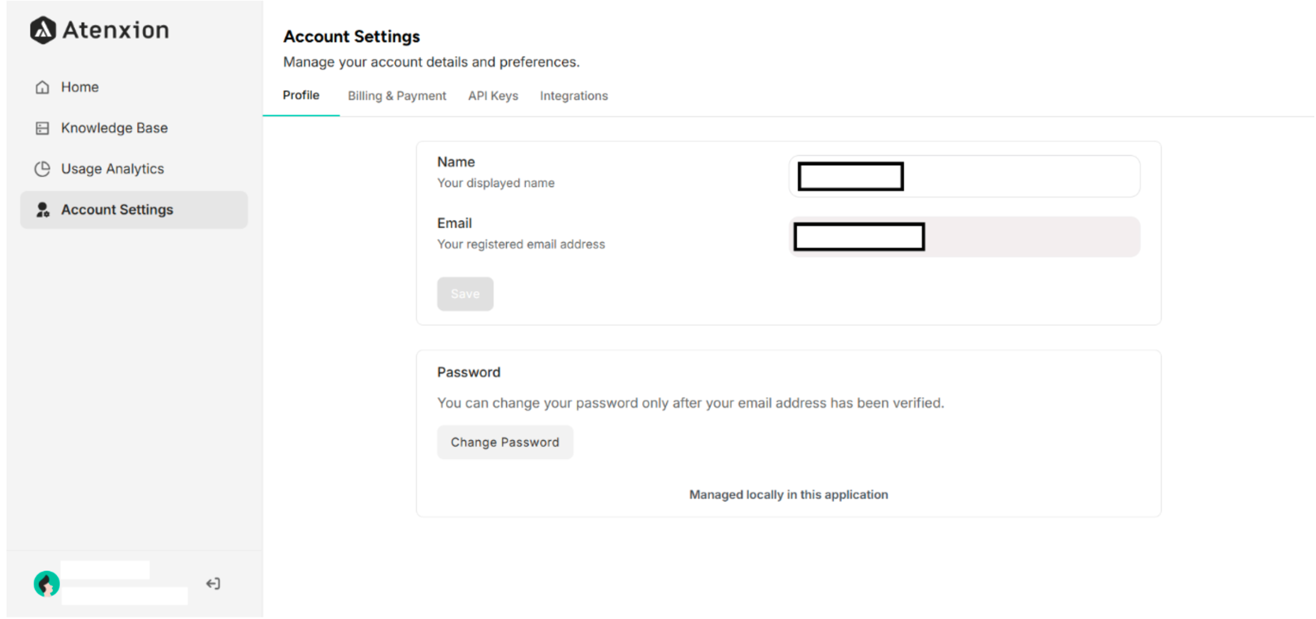 Account Settings Interface of Atenxion Platform