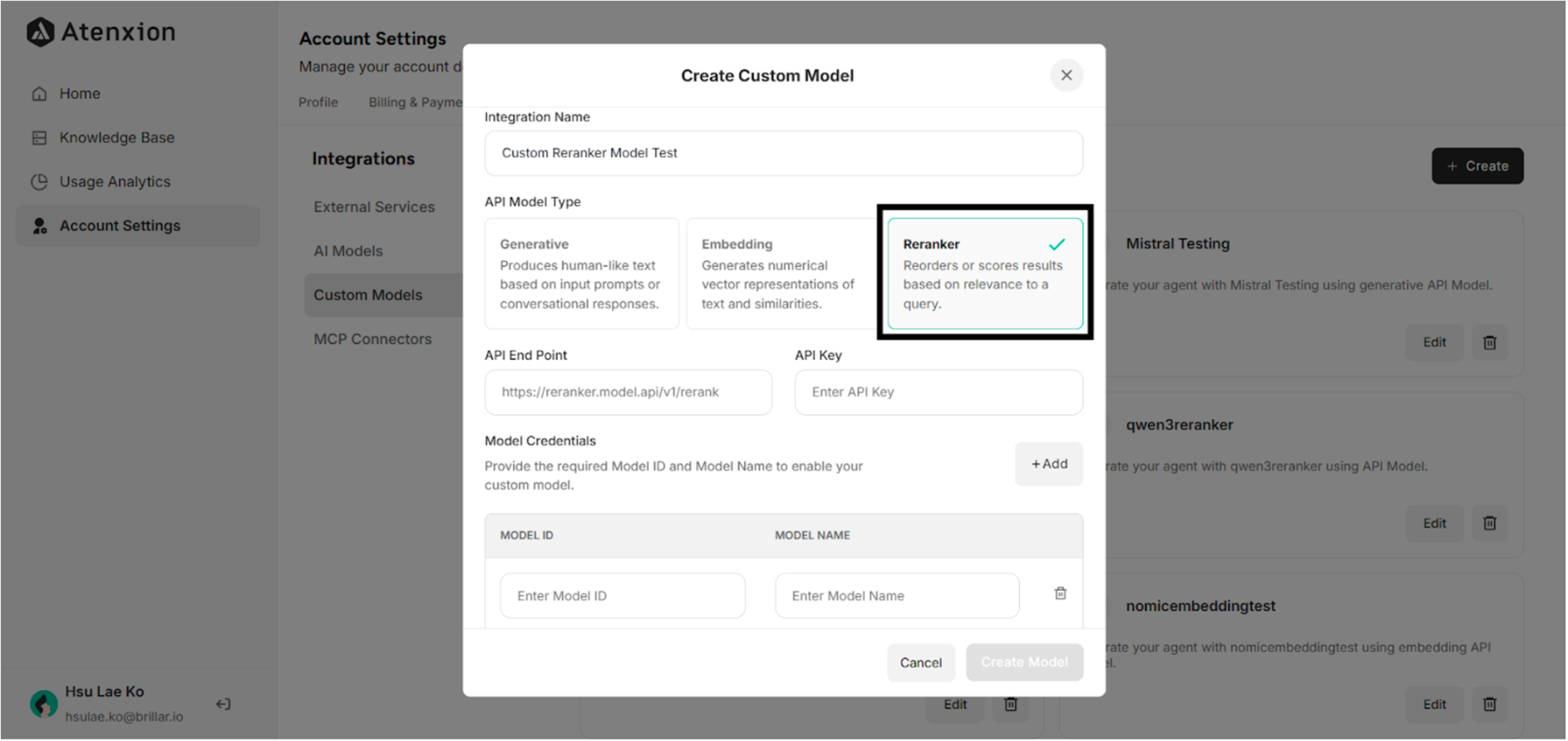 Create a Custom Reranker Model Interface under Custom Models Setting