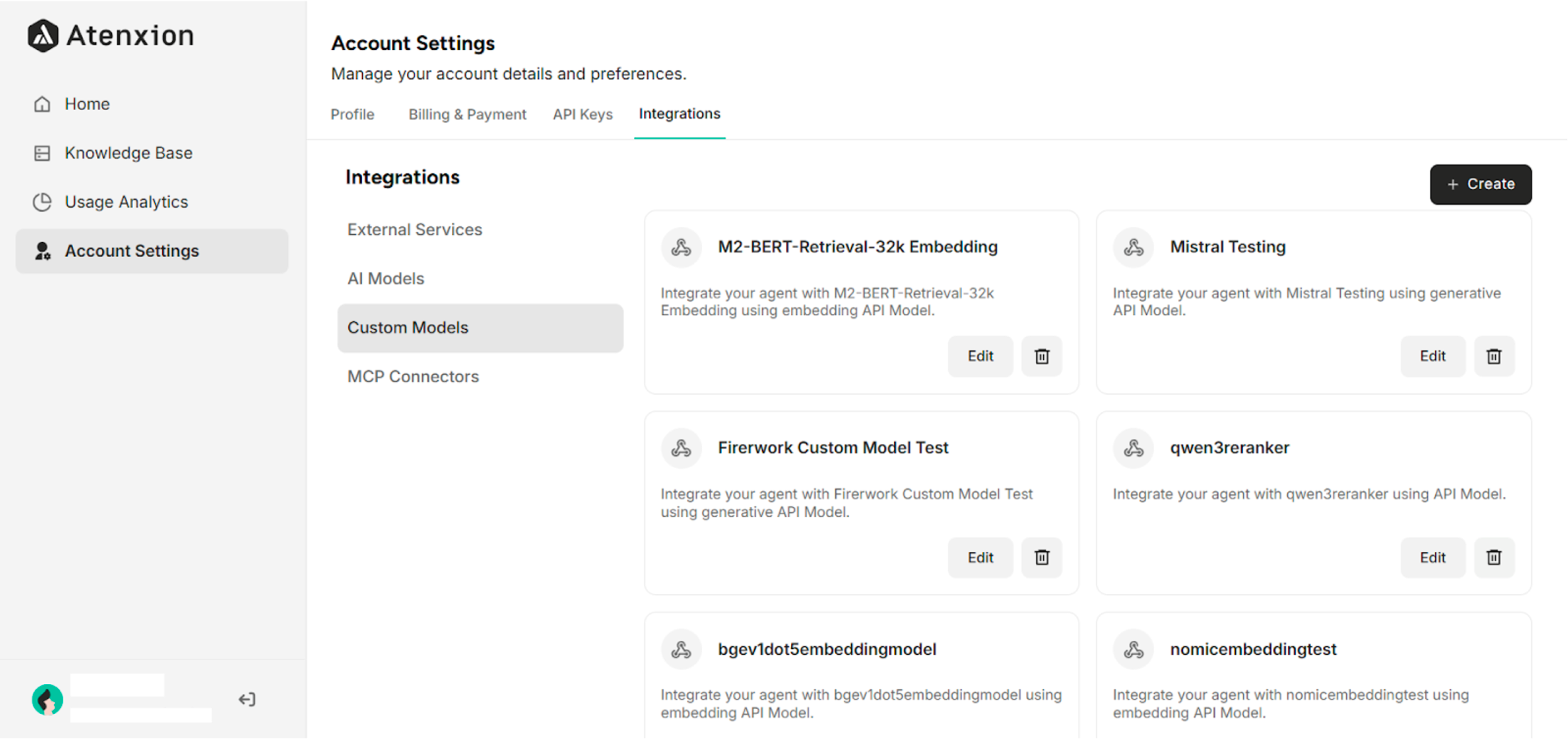 Custom Models Interface under Integrations Setting