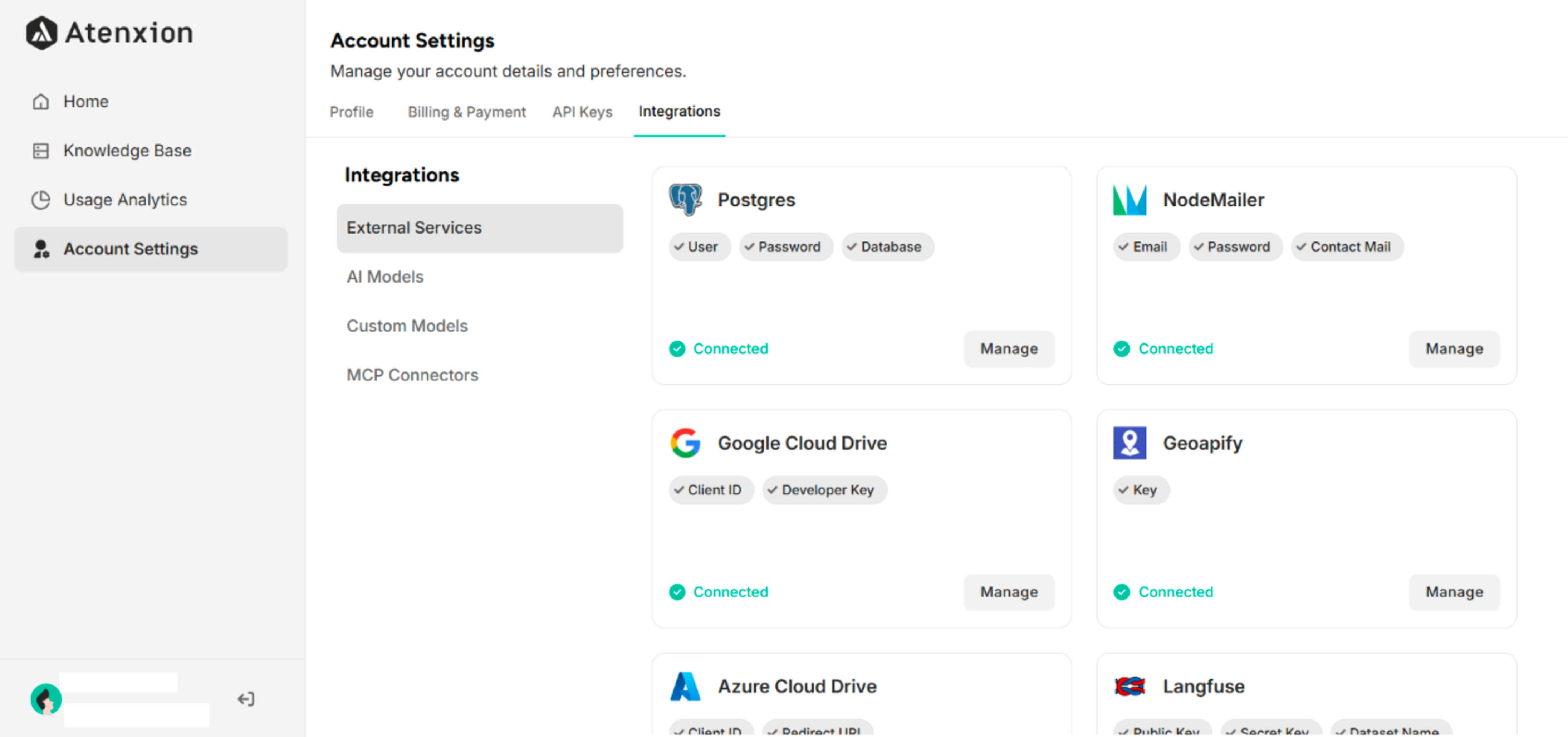 External Services Interface under Integrations Setting