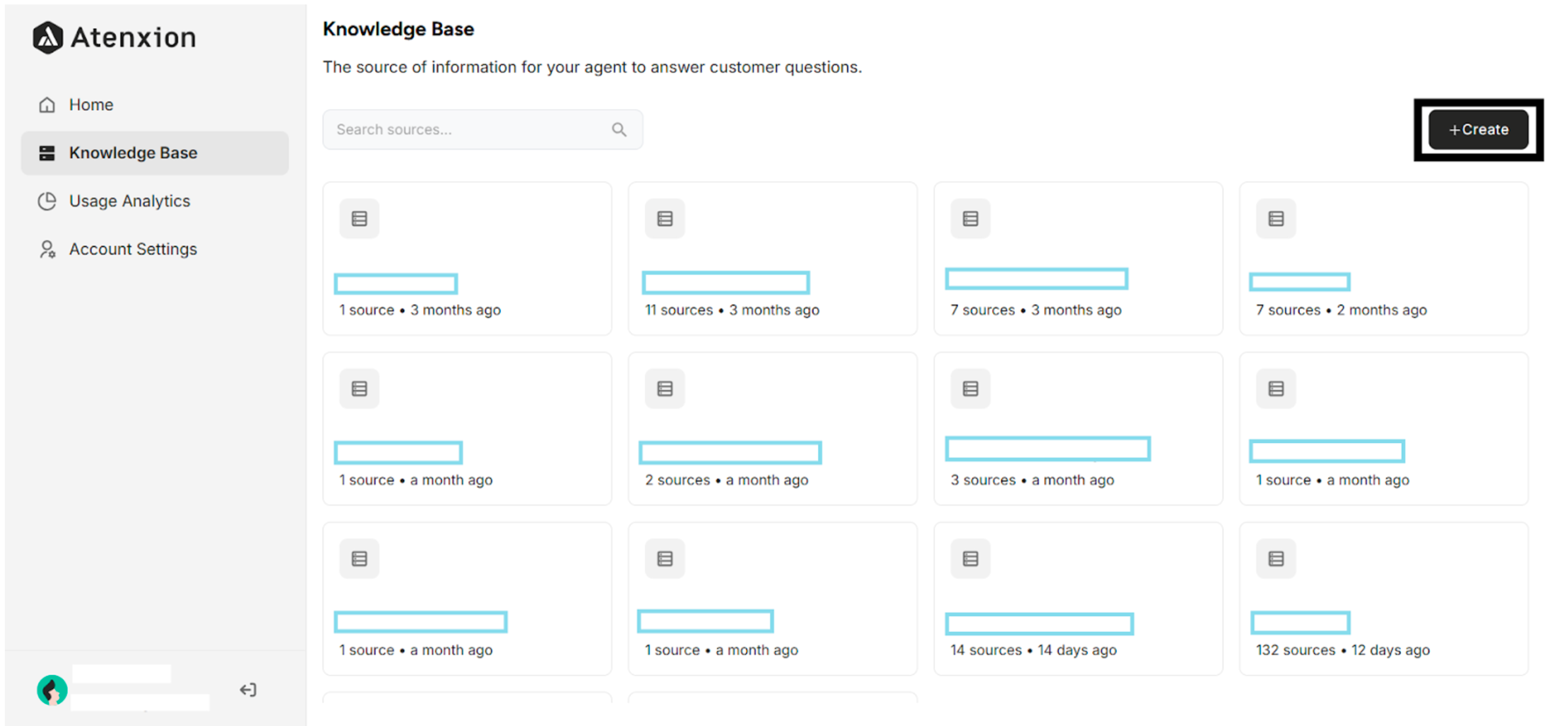 Highlighting "+Create Button" to create a Knowledge Base