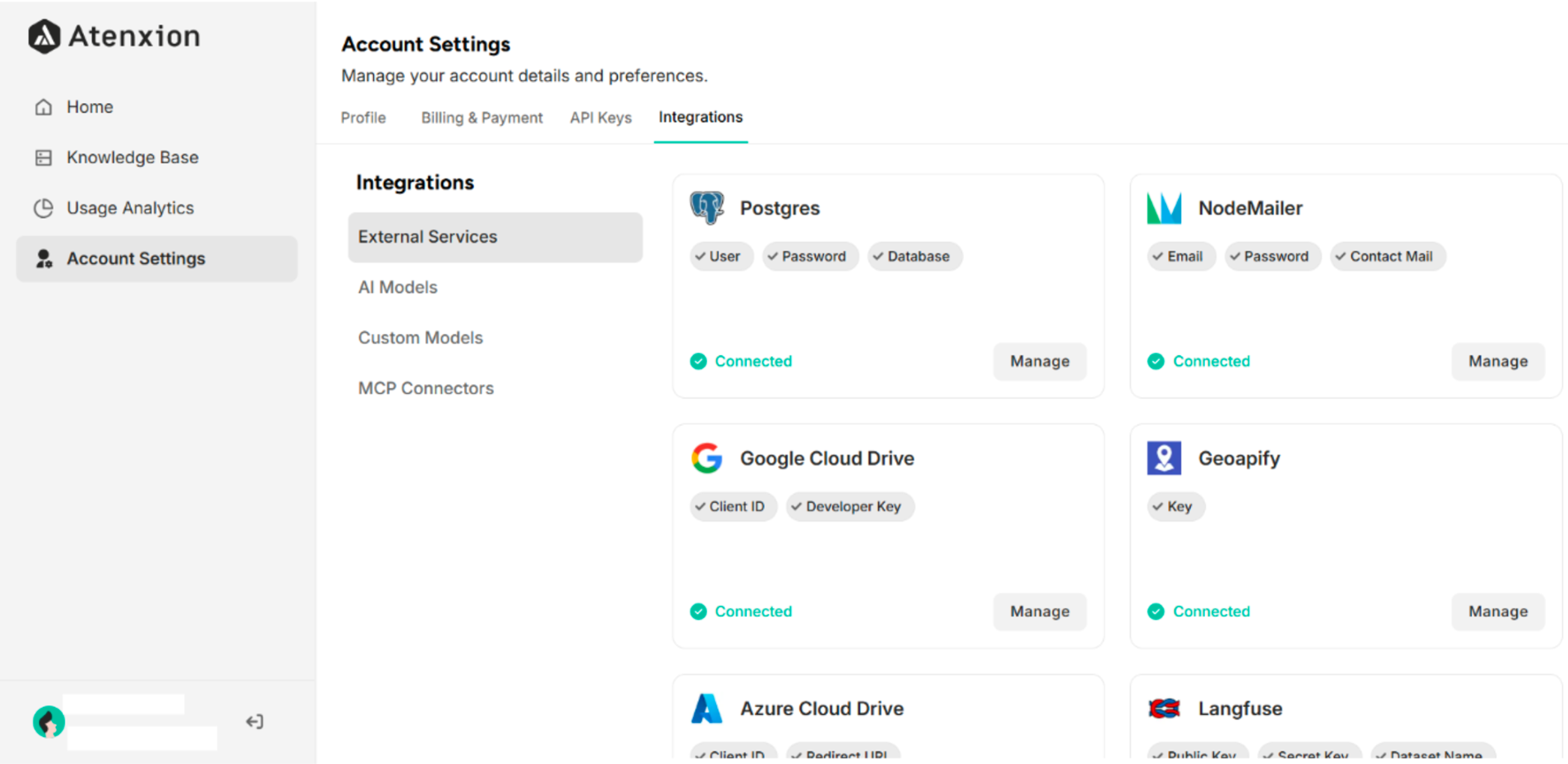 Integrations Interface of Account Settings