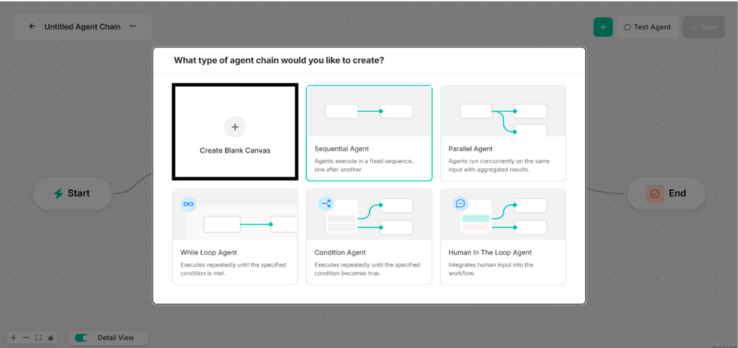 Interface showing Blank Canvas for a Single-Node Agent Creation