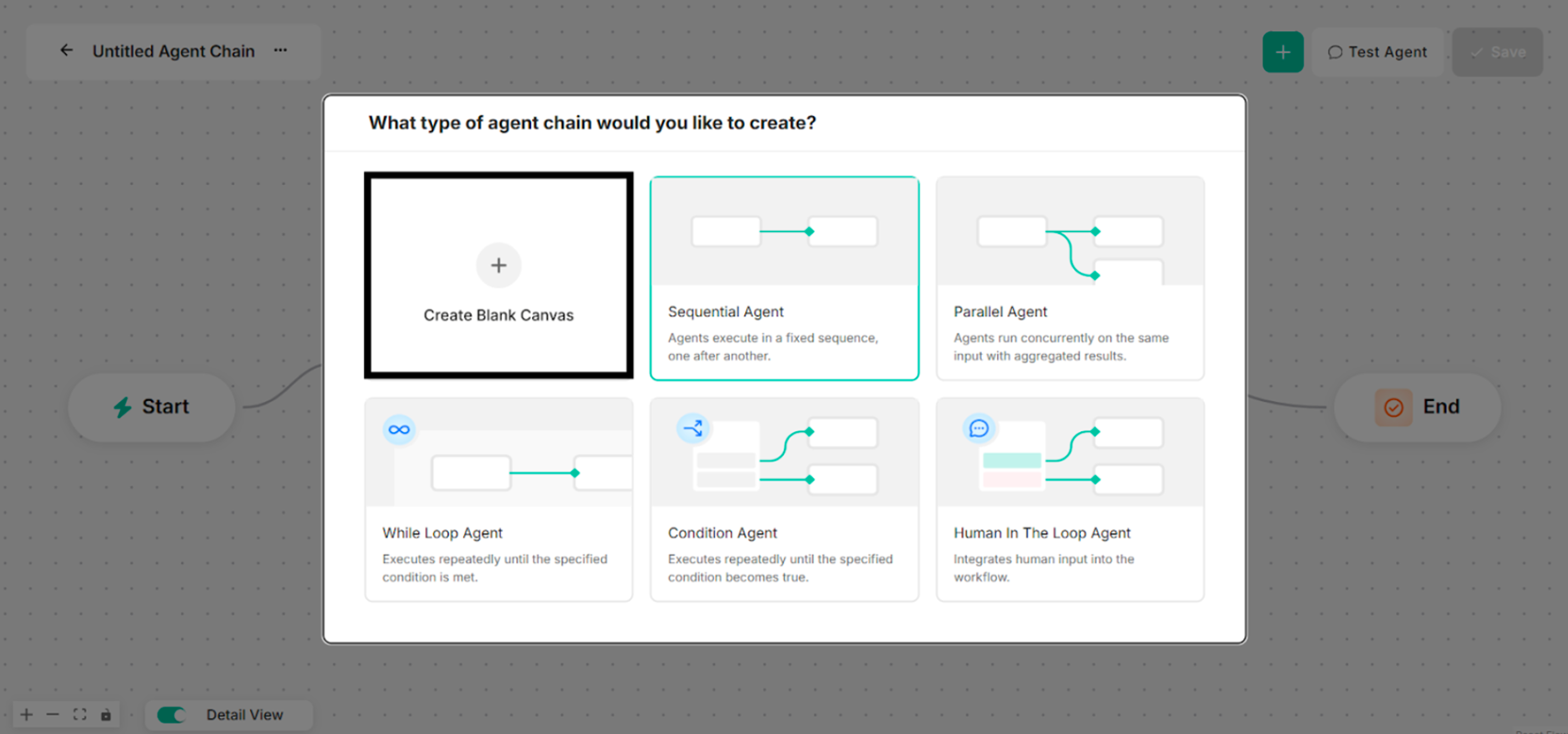 Interface showing Blank Canvas for a Single-Node Agent Creation