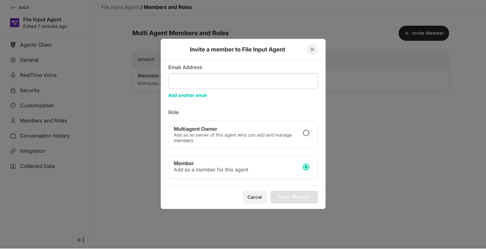 Invite a member to the Multi Agent Pop-up