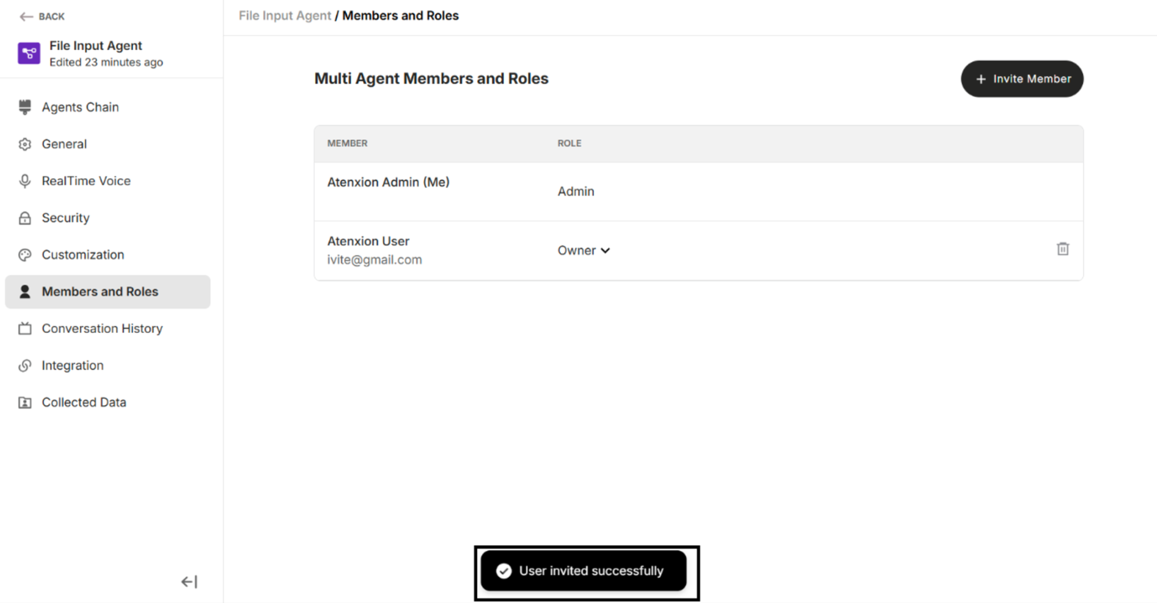 Invited Member is displayed in the Multi Agent Members and Role
