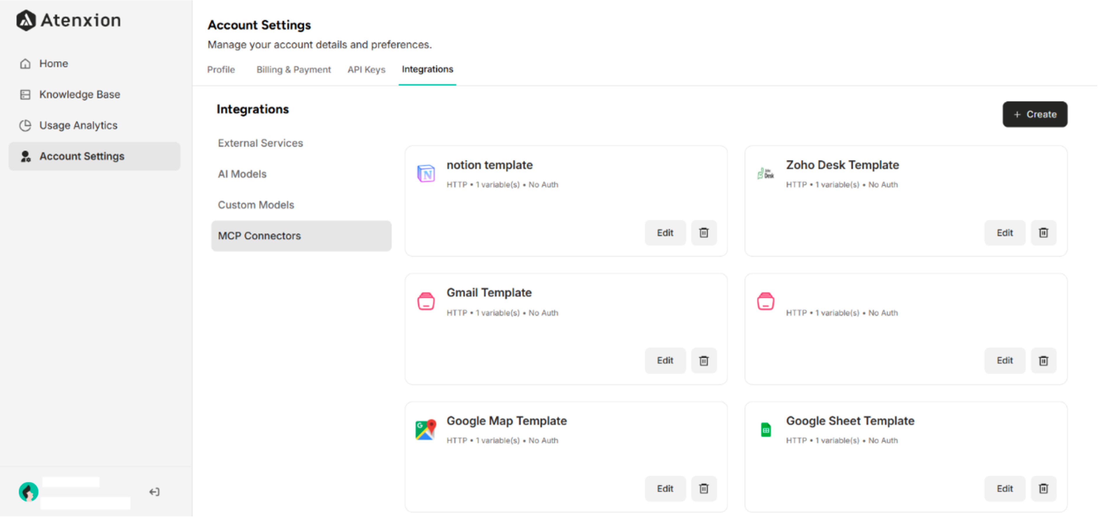 MCP Connectors Interface under Integrations Setting