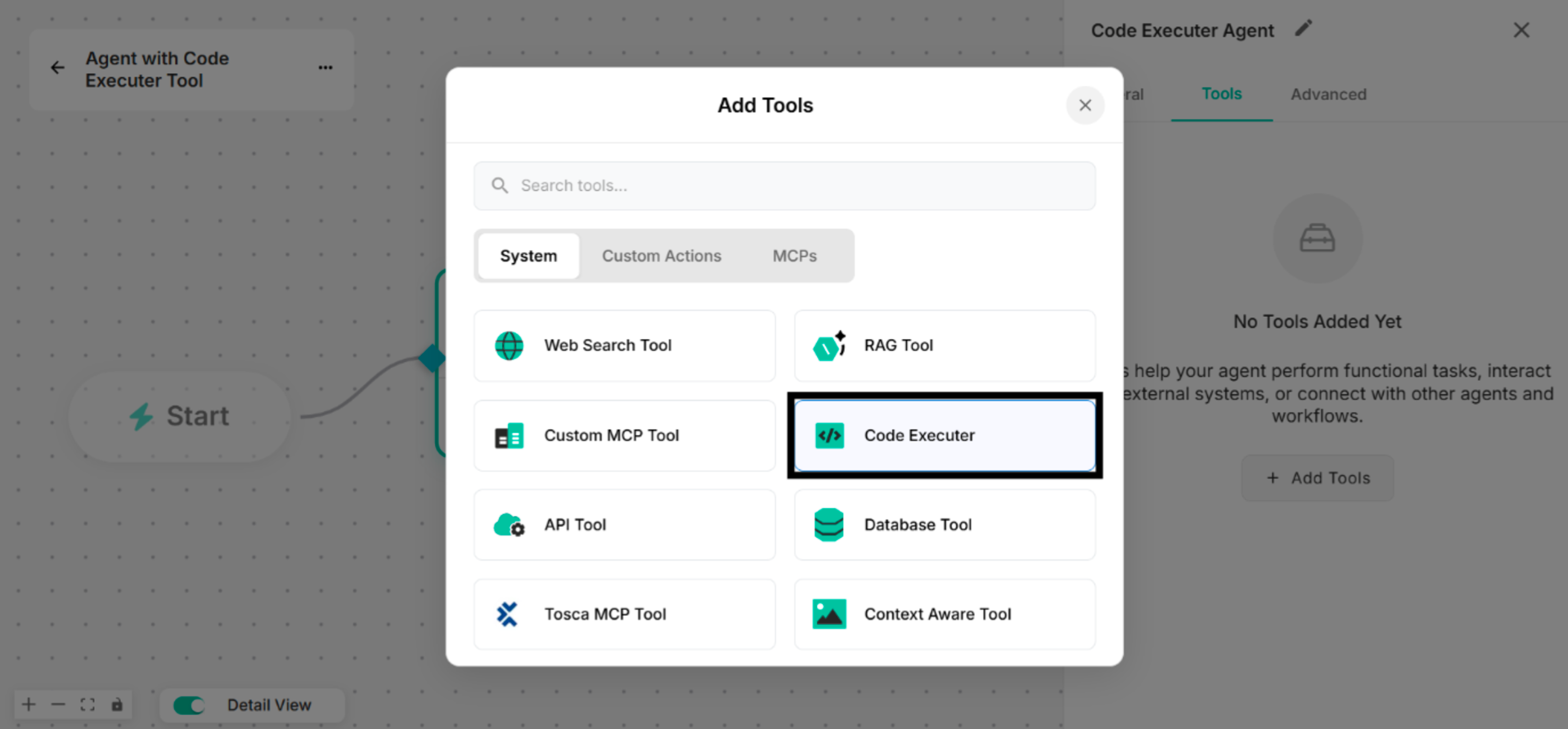 Showing to select Code Executer Tool in Add Tools List