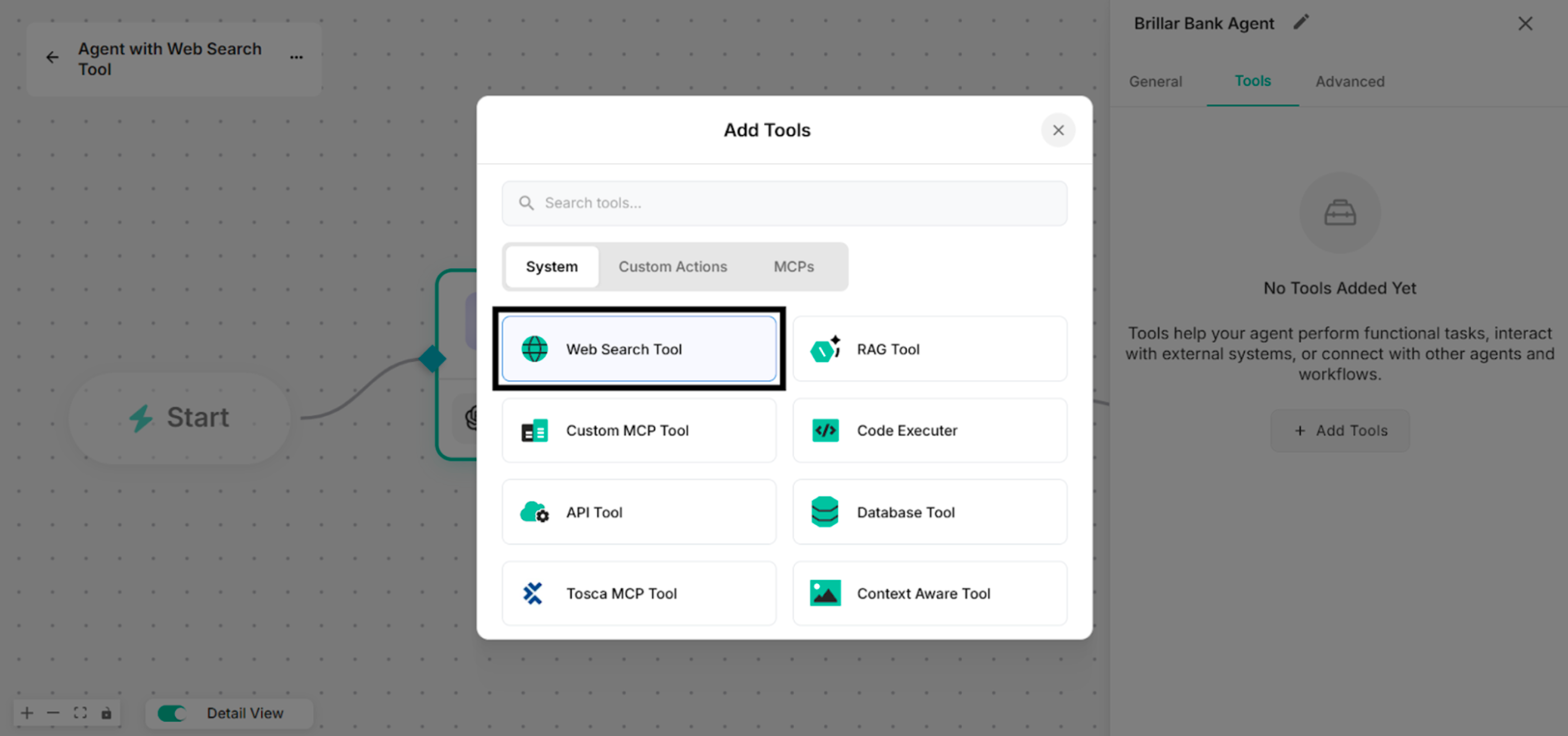 Showing to select Web Search Tool in Add Tools List
