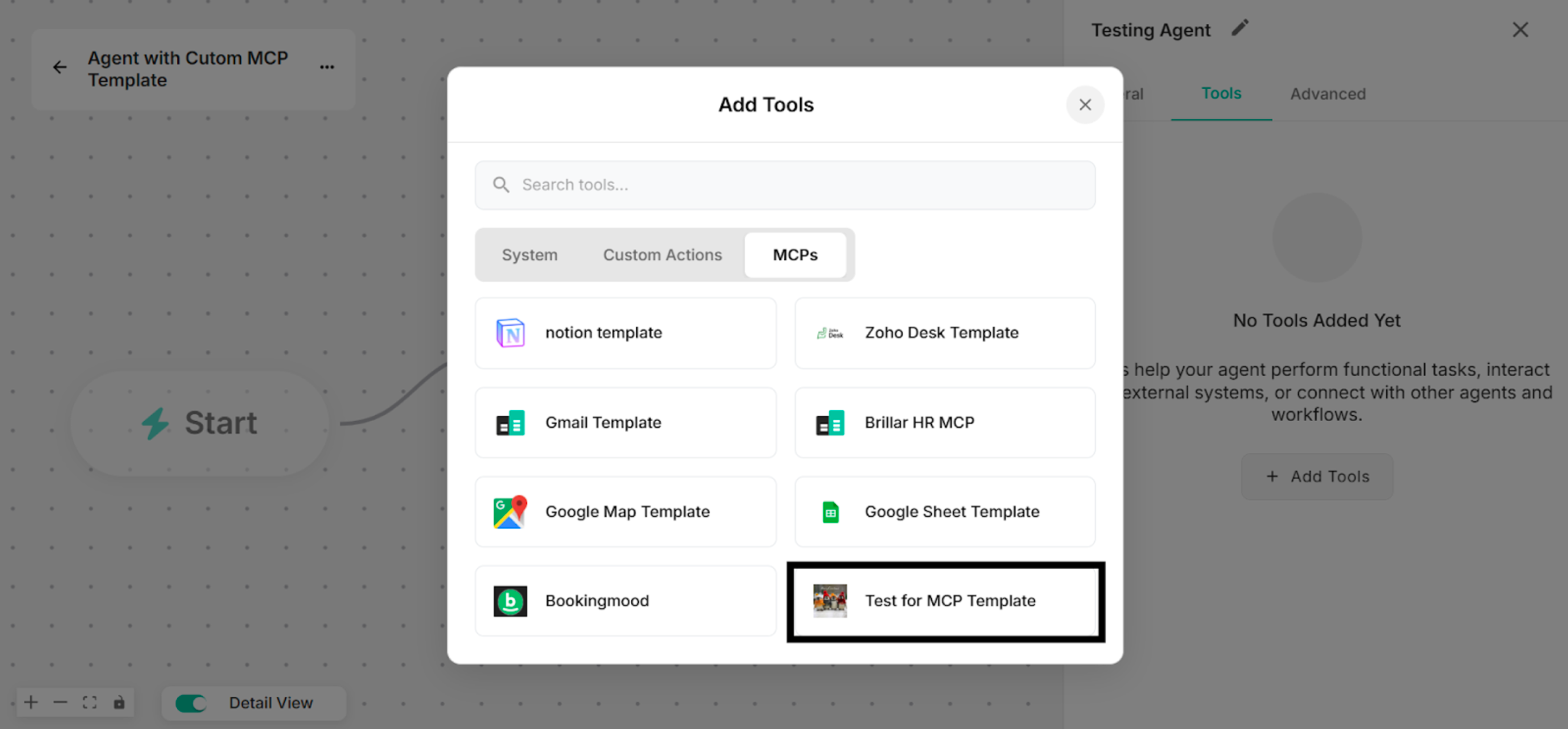 Showing to select the Created Custom MCP Template from Platform in Add Tools List