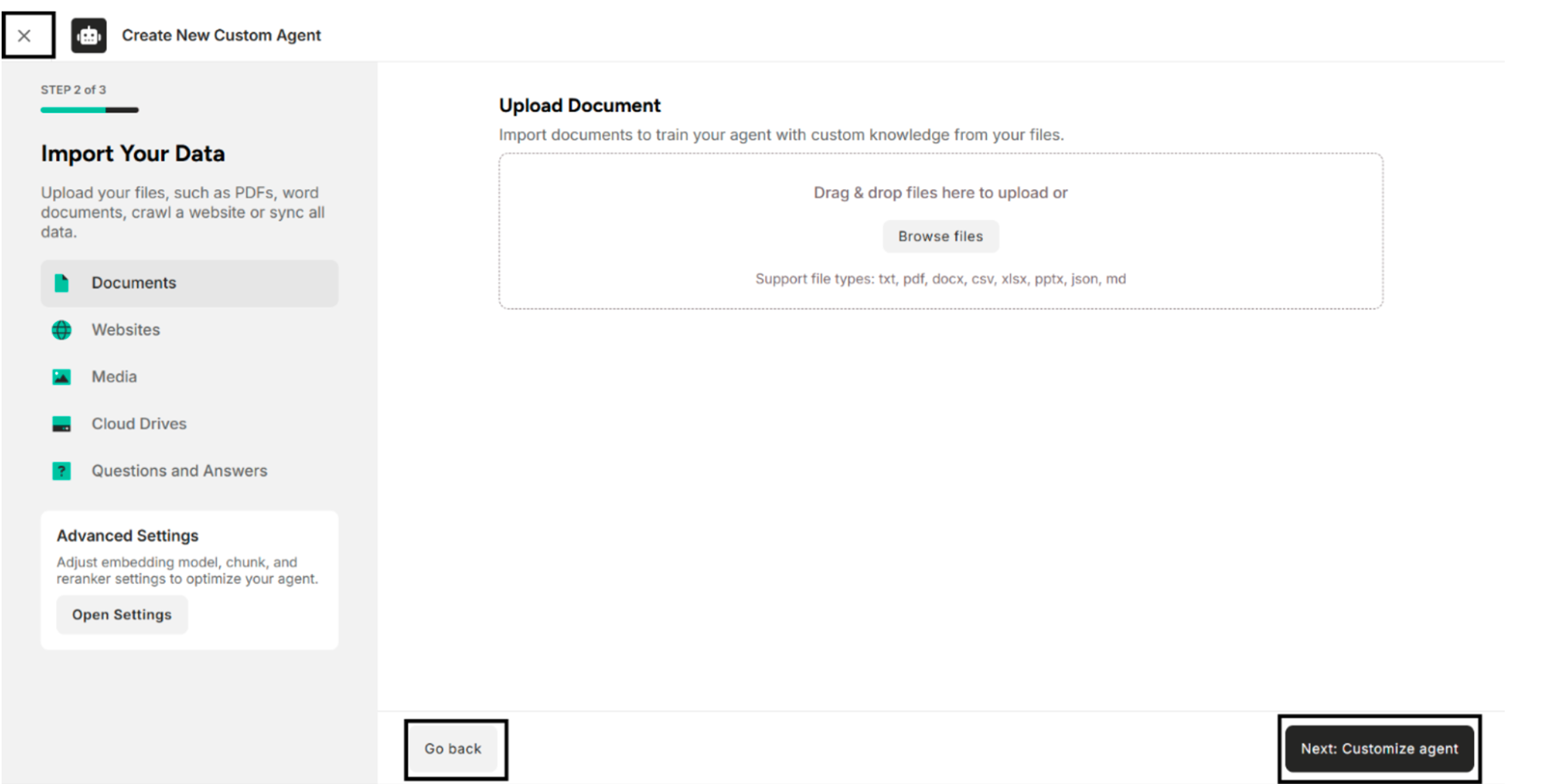 Buttons available in Import Your Data Section
