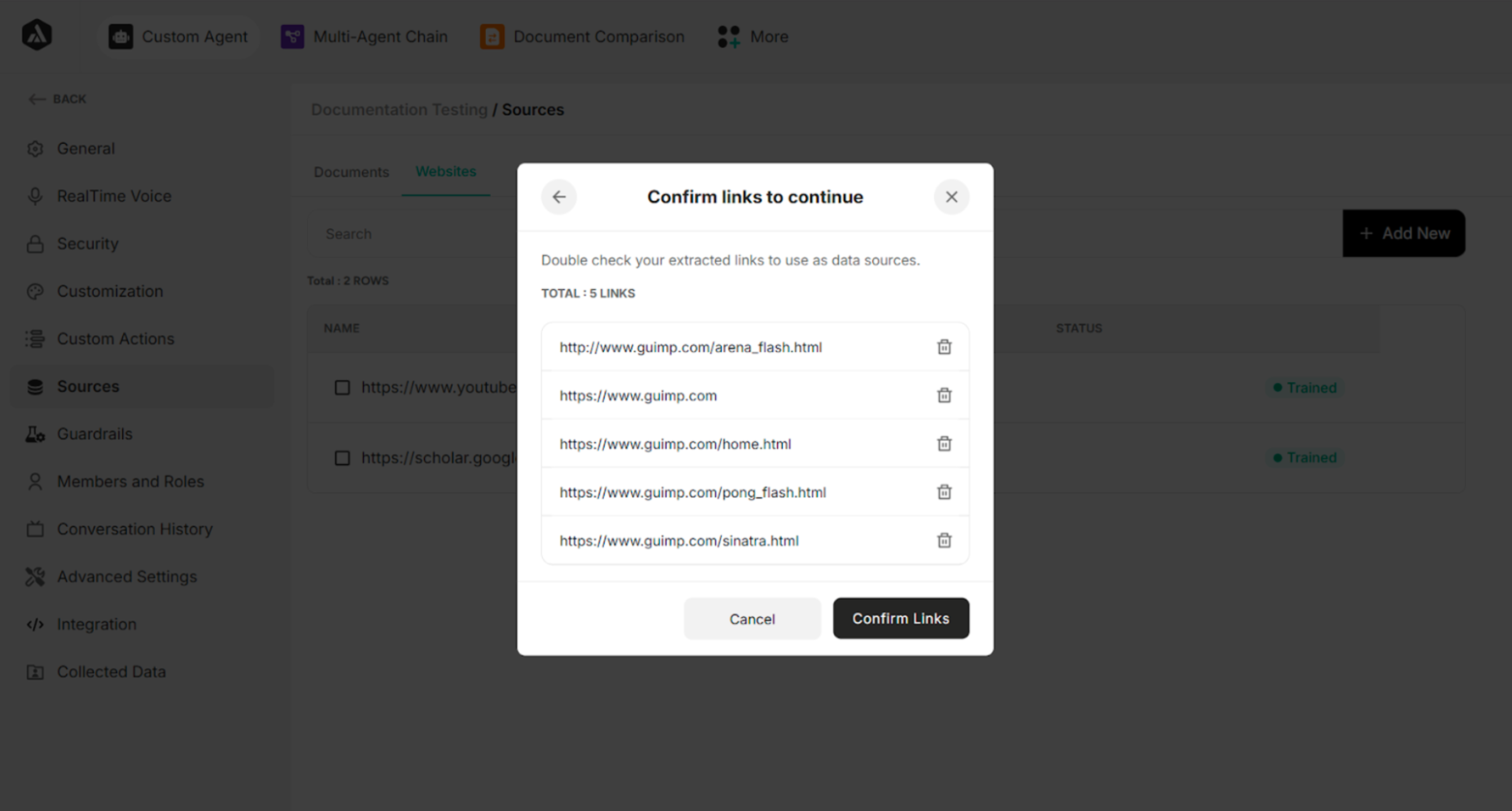 Confirm Links Confirmation Box