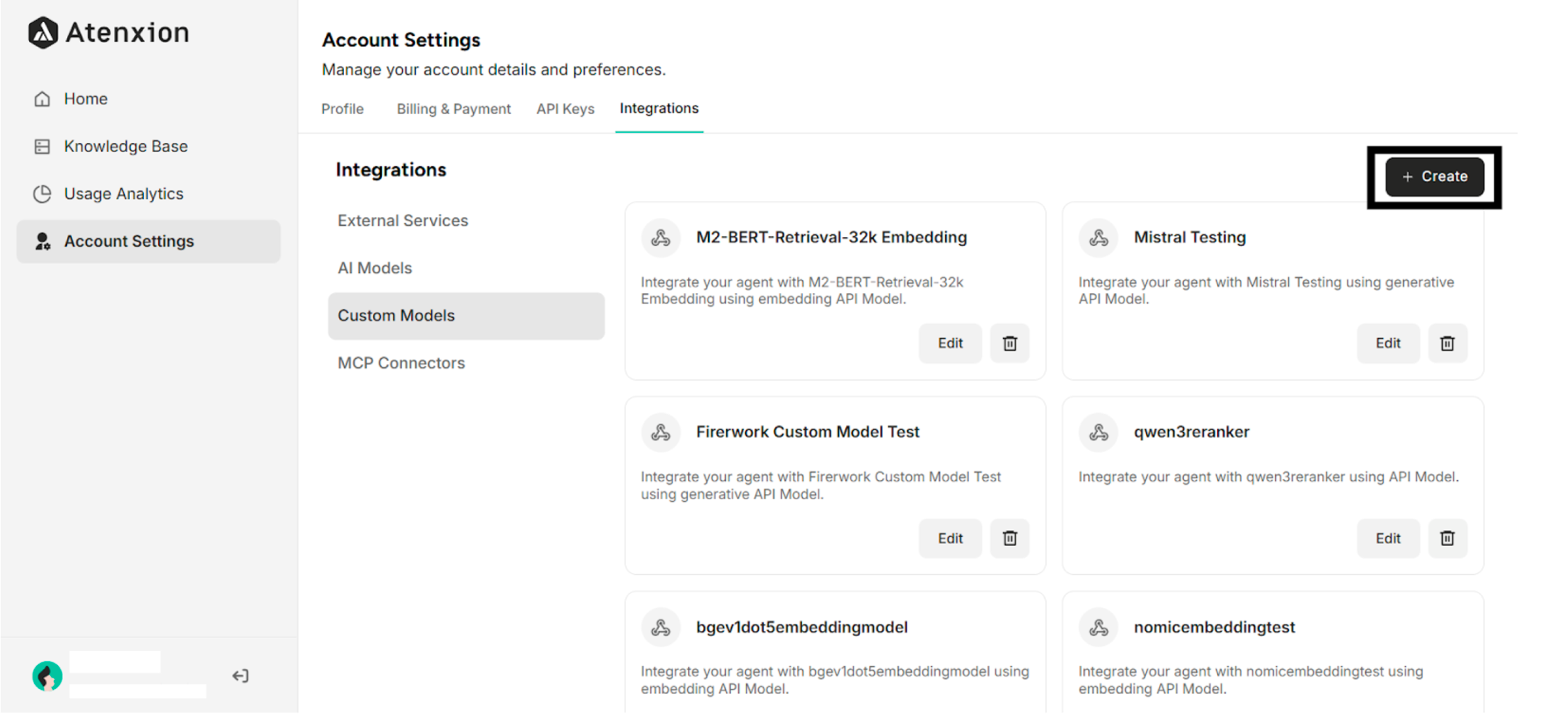 Highlighting "+Create" Button to create a Custom Model