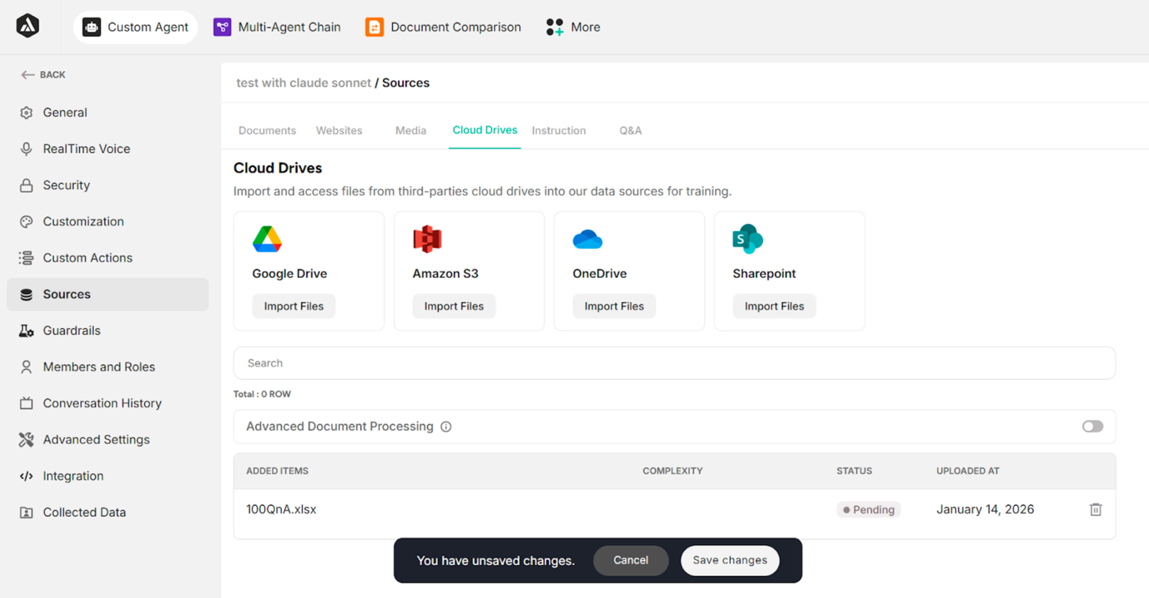 Screen after selecting the files from Google Drive