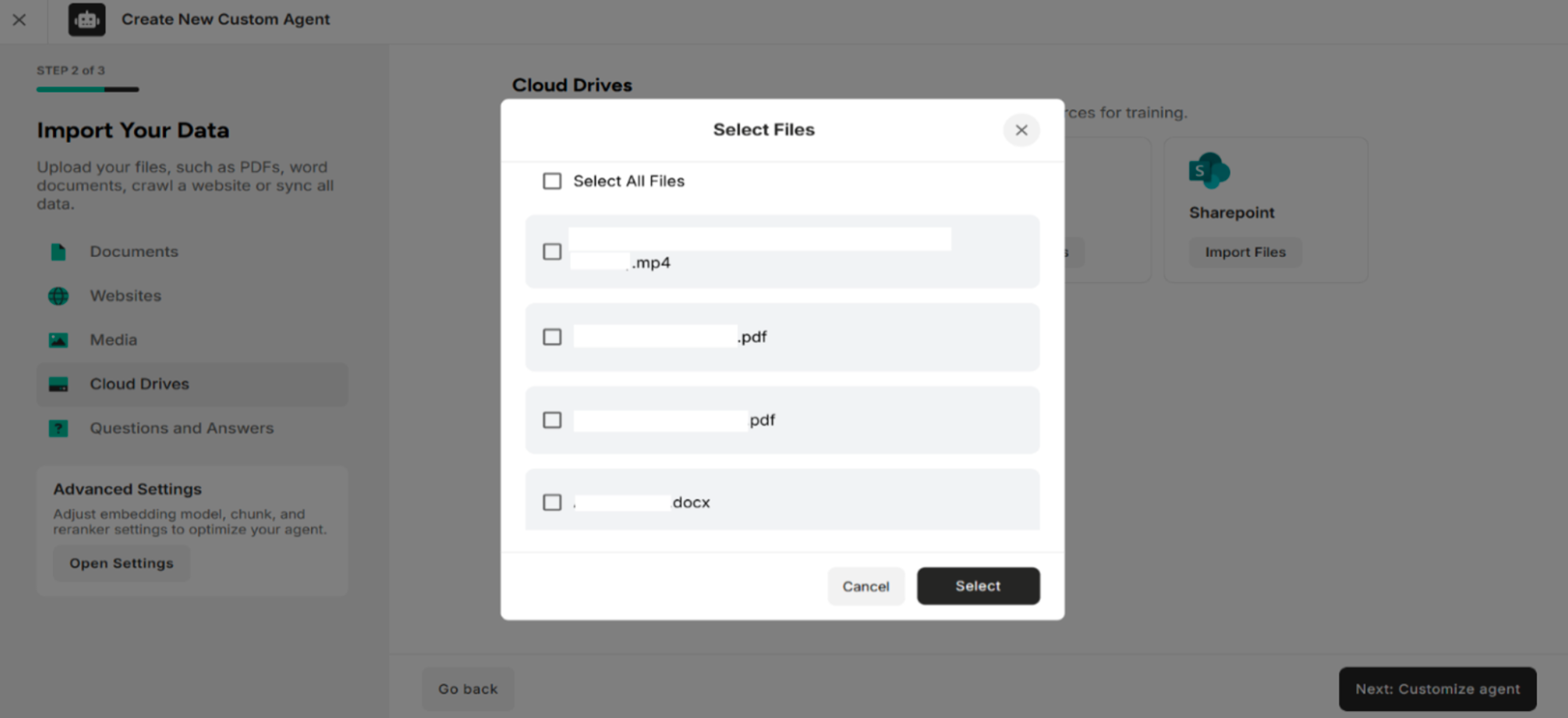 Select Files Interface with Upload Files from OneDrive