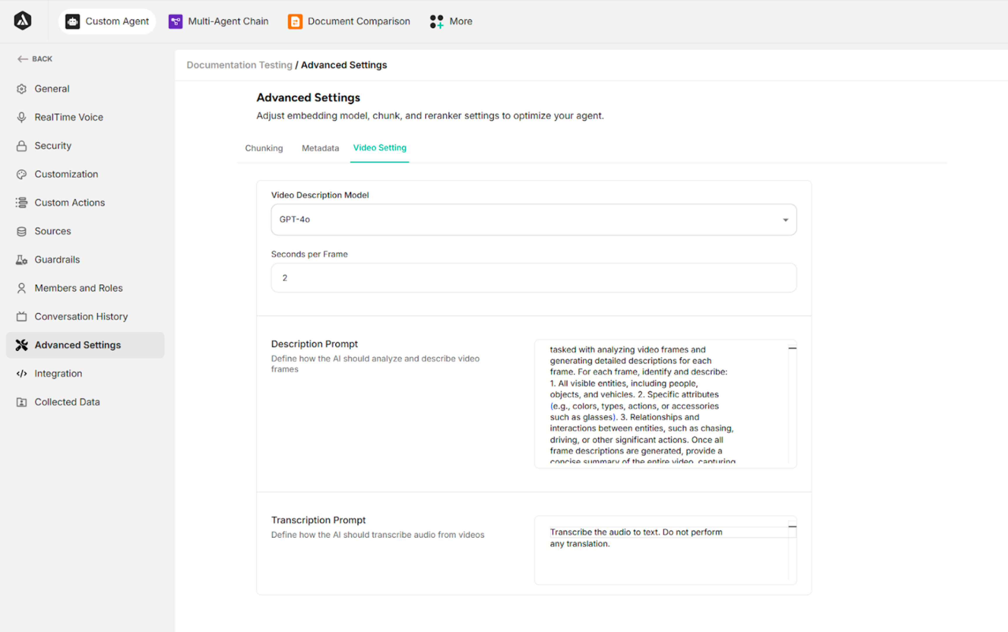 Video Settings interface